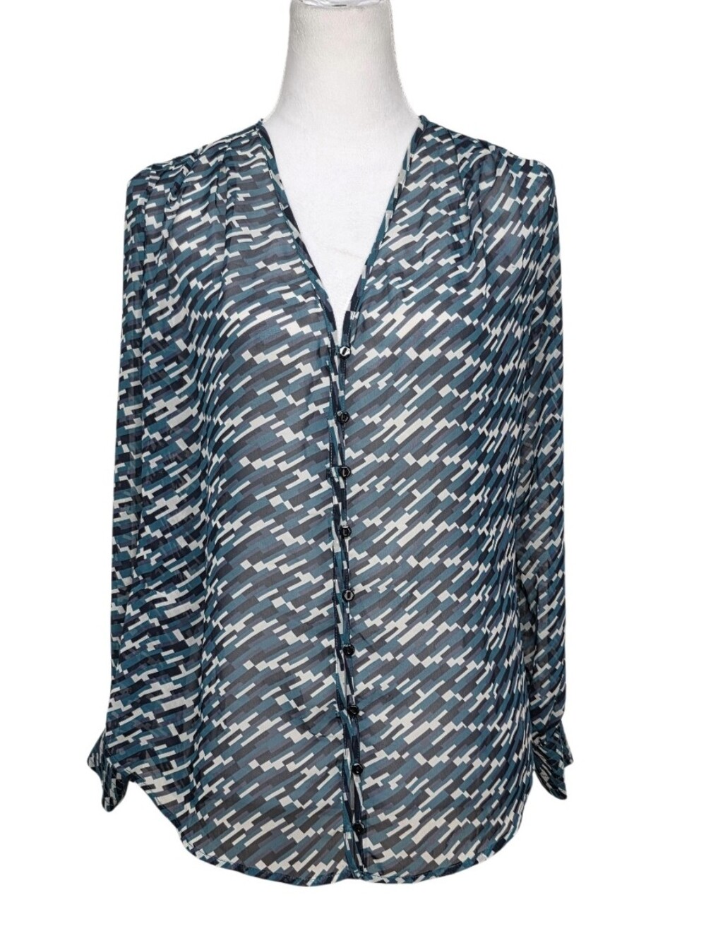 Pleione Teal & Gray Geometric Button-Front Blouse Size Small